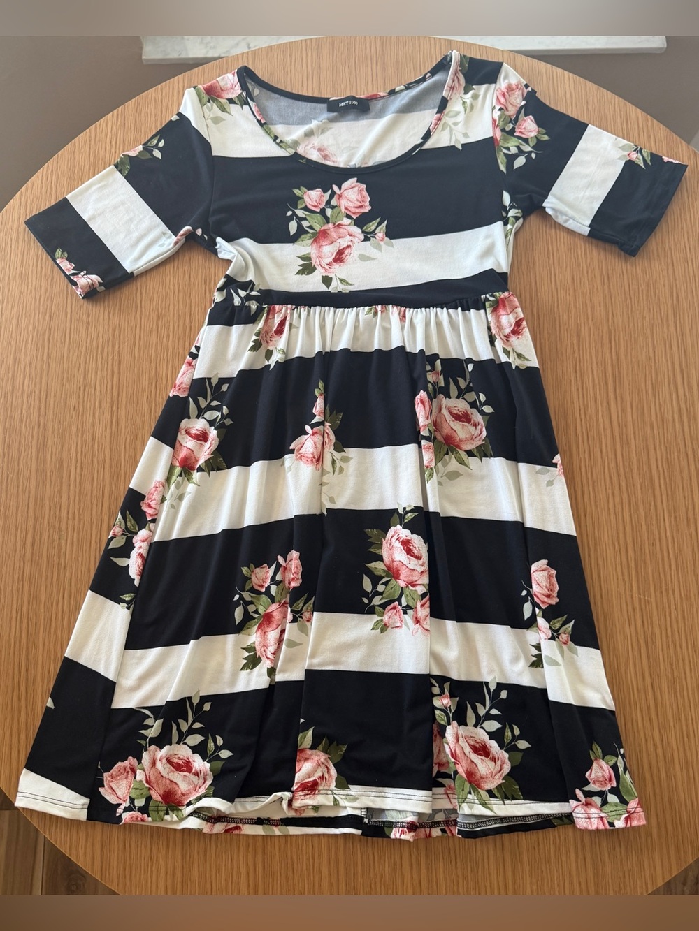Black & White Striped Floral Casual Dress with Pink Roses